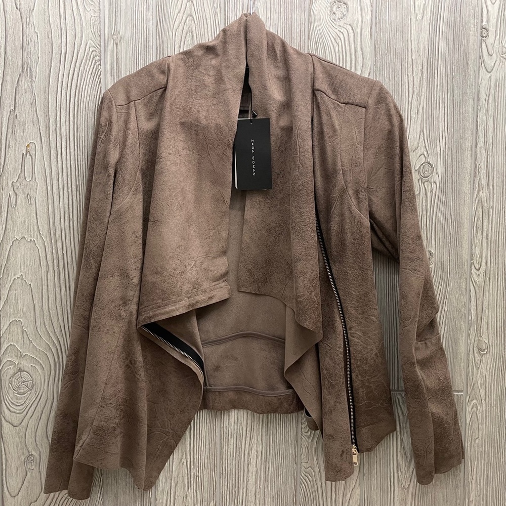 ZARA Draped Faux Suede Moto Jacket Beige Size Large